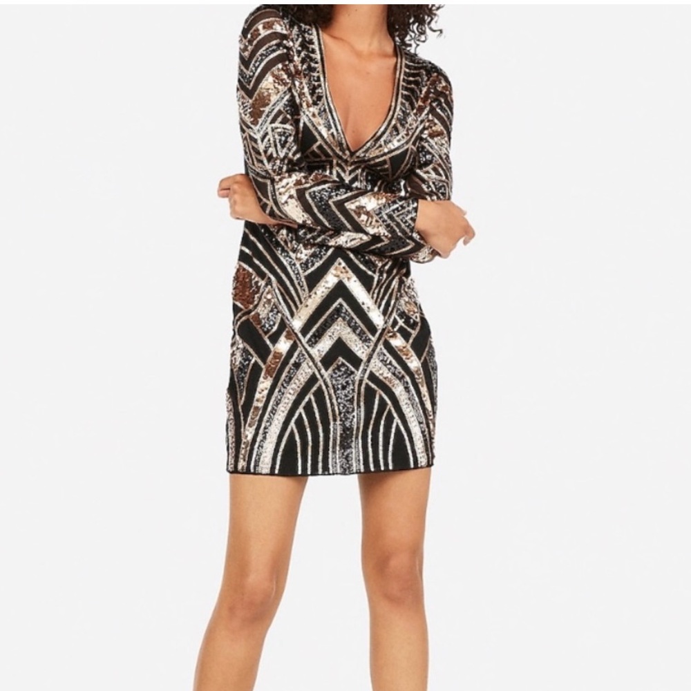 Express sequins mini dress, gold & black, size M.